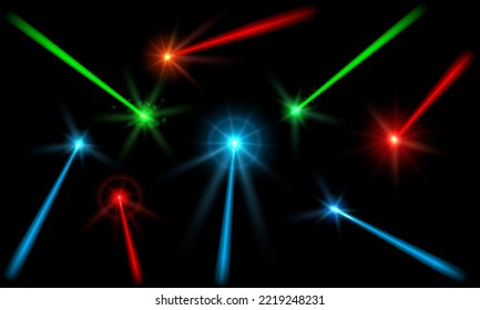 Laser beams. Ray of neon lights, concert light trails with lens flares and halo glow effect. Energy line beam overlays vector set of magic bright shine illustration