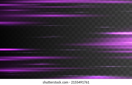 Laser beams or rays, beautiful neon glare. Horizontal lens flares lights purple color. Glowing violet speed, pink light effects isolated on transparent background. Flash purple line motion. Vector