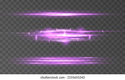 Laser beams or rays, beautiful neon glare. Horizontal lens flares lights purple color. Glowing violet speed, pink light effects isolated on transparent background. Flash purple line motion. Vector