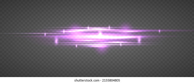 Laser beams or rays, beautiful neon glare. Horizontal lens flares lights purple color. Glowing violet speed, pink light effects isolated on transparent background. Flash purple line motion. Vector