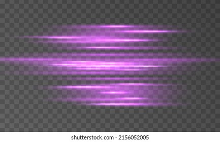 Laser beams or rays, beautiful neon glare. Horizontal lens flares lights purple color. Glowing violet speed, pink light effects isolated on transparent background. Flash purple line motion. Vector