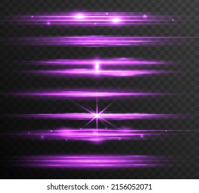 Laser beams or rays, beautiful neon glare. Horizontal lens flares lights purple color. Glowing violet speed, pink light effects isolated on transparent background. Flash purple line motion. Vector