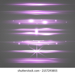 Laser beams or rays, beautiful neon glare. Horizontal lens flares lights purple color. Glowing violet speed, pink light effects isolated on transparent background. Flash purple line motion. Vector