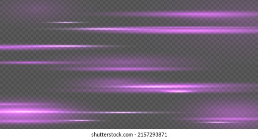 Laser beams or rays, beautiful neon glare. Horizontal lens flares lights purple color. Glowing violet speed, pink light effects isolated on transparent background. Flash purple line motion. Vector