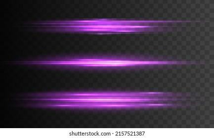 Laser beams or rays, beautiful neon glare. Horizontal lens flares lights purple color. Glowing violet speed, pink light effects isolated on transparent background. Flash purple line motion. Vector