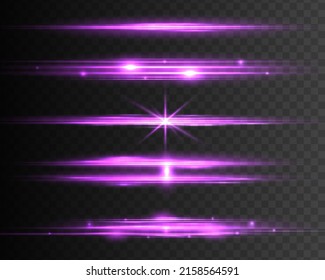 Laserstrahlen oder Strahlen, schöne Neonbrille. Horizontale Objektive erstrahlen violette Farbe. Glühende violette Geschwindigkeit, rosafarbene Lichteffekte einzeln auf transparentem Hintergrund. Violette Flash-Streckenbewegung. Vektorgrafik