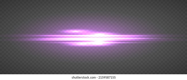 Laser beams or rays, beautiful neon glare. Horizontal lens flares lights purple color. Glowing violet speed, pink light effects isolated on transparent background. Flash purple line motion. Vector