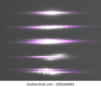 Laser beams or rays, beautiful neon glare. Horizontal lens flares lights purple color. Glowing violet speed, pink light effects isolated on transparent background. Flash purple line motion. Vector