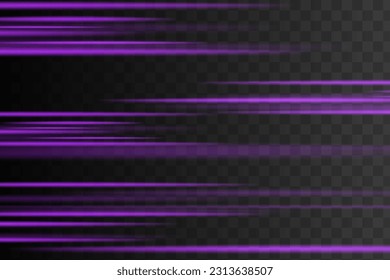 Laser beams or rays, beautiful neon glare. Horizontal lens flares lights purple color. Glowing violet speed, pink light effects isolated on transparent background. Flash purple line motion. Vector