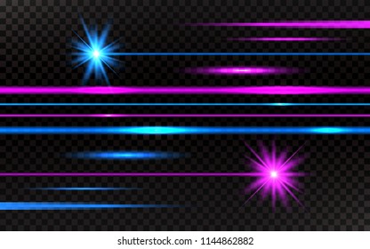 Laser beams set. Pink and blue horizontal light rays. Abstract bright lines on transparent background. Pack of beams on dark backdrop. Vector illustration.