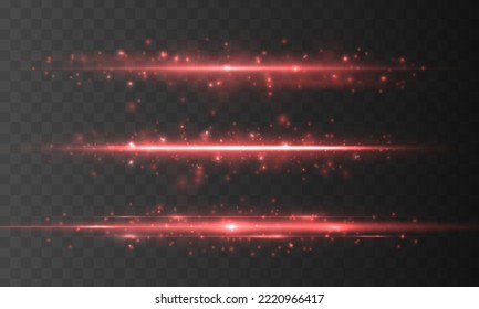 Laser beams, speed rays. Glowing lines with sparkles. Red glowing neon line. Luminous abstract sparkling lined background. Blurred light trails. Effect bokeh. Horizontal lens flares pack. Vector	