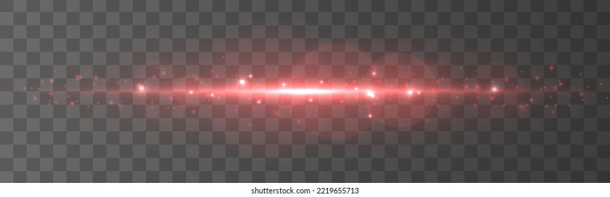 Laser beams, speed rays. Red glowing neon line. Luminous abstract sparkling lined background. Blurred light trails. Glowing lines with sparkles. Effect bokeh. Horizontal lens flares pack. Vector	