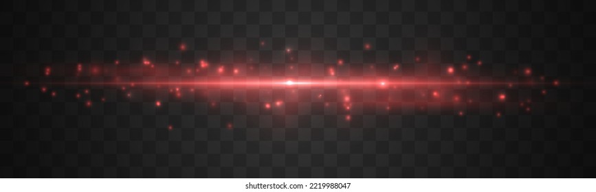 Laser beams, speed rays. Red glowing neon line. Luminous abstract sparkling lined background. Horizontal lens flares pack. Blurred light trails. Glowing lines with sparkles. Effect bokeh. Vector	