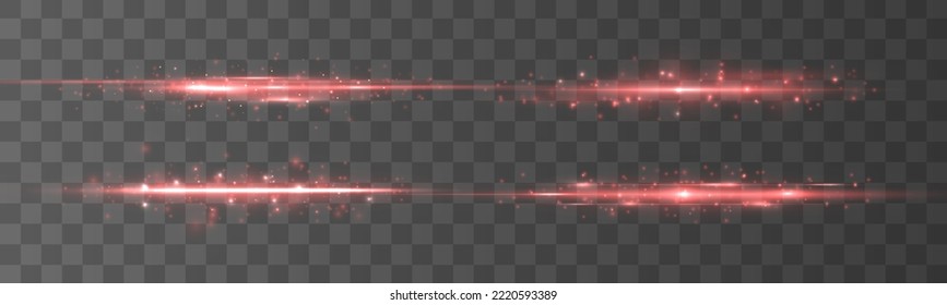 Laser beams, speed rays. Red glowing neon line. Luminous abstract sparkling lined background. Blurred light trails. Glowing lines with sparkles. Effect bokeh. Horizontal lens flares pack. Vector	