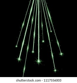 Laser beams with stars and sparks, falling stars with stardust on black background, light effect, green color