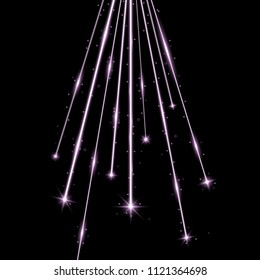 Laser beams with stars and sparks, falling stars with stardust on black background, light effect, purple color