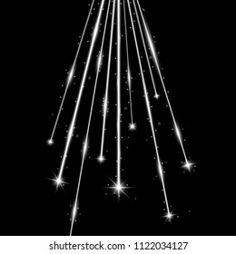 Laser beams with stars and sparks, falling stars with stardust on black background, light effect, white color