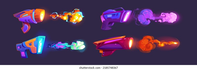 Laser Blasters, Space Guns Vfx Effect With Plasmic Beams And Rays. Raygun Pistols, Kid Toys Or Futuristic Alien Weapon. Game Comic Energy Phasers With Colorful Lightnings, Cartoon Vector Illustration