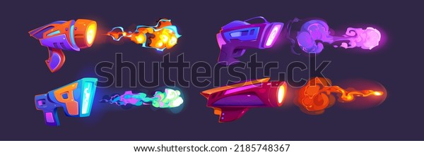 Laser blasters, space guns vfx effect with\
plasmic beams and rays. Raygun pistols, kid toys or futuristic\
alien weapon. Game comic energy phasers with colorful lightnings,\
Cartoon vector\
illustration