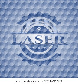 Laser blue badge with geometric background.