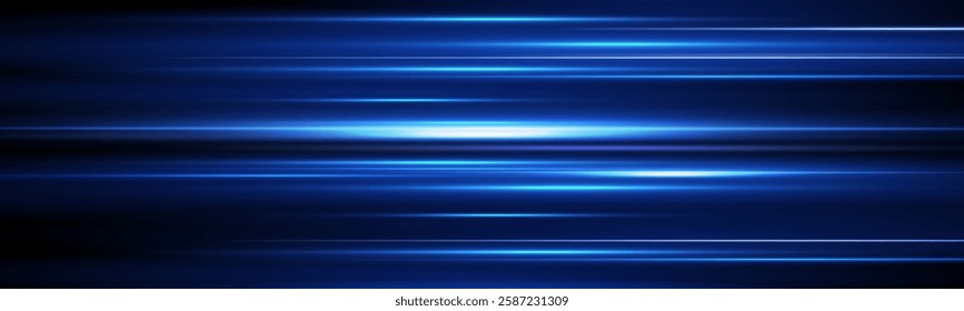 Laser blue lines of light. Horizontal neon light.