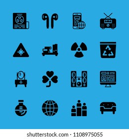 laser, clover, earphones, smartphone, sound system, newspaper, shelf, flask and recycle bin vector icon. Simple icons set