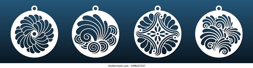 Laser cnc cut balls or coasters. Abstract geometric pattern with sea shells motives. Paper cut, wall art, pendants, hanging mandala panel. Stencil for home decor, cutting craft. Vector illustration