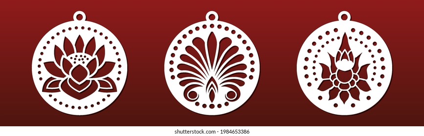 Bolas de corte láser cnc con un patrón floral oriental. Máster, pendants, keychain, mandala de arte mural, esténcil de cortar papel. Ornate con adorno floral decorativo de estilo asiático. Ilustración del vector