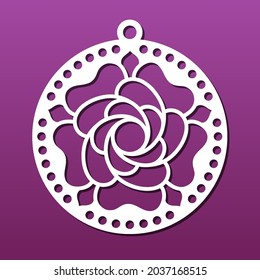 Laser cnc cut mandala pendant. Floral pattern with flower petals. Circular design for medallion, coaster or wall art hanging. Stencil for cnc cutting. Vector illustration