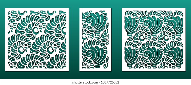 Laser cnc cut panels with abstract geometric pattern. Cutting stencil for diy craft, home decor, room screens, paper art, card background.  Modern ornament with spiral seashells. Vector illustration