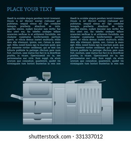 Laser color printer.  Equipment for office work. Copy and scan machine. Document template with text.