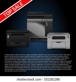 Laser color printer.  Equipment for office work. Copy and scan machine. Document template with text on dark blue background.