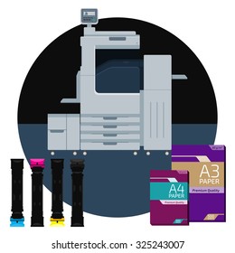 Laser color printer. White format paper for print. Cyan, magenta, yellow and black cartridge. Info graphics elements. Details for sign and labels. Equipment for office work. Copy and scan machine.