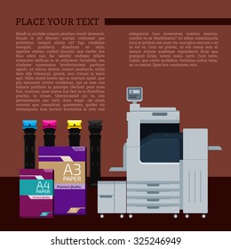 Laser color printer. White format paper for print. Cyan, magenta, yellow and black cartridge. Info graphics elements. Details for sign and labels. Equipment for office work. Copy and scan machine.