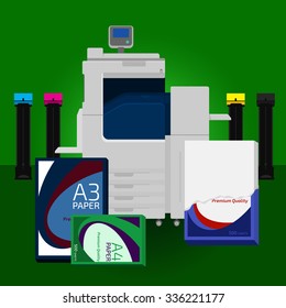 Laser color printer. White format paper for print. Cyan, magenta, yellow and black cartridge. Info graphics elements. Details for sign and labels. Equipment for office work. Copy and scan machine.