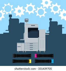 Laser copier with color cartridges on dark blue background. Color printer flat design. Vector technology background with  press machine and gears.