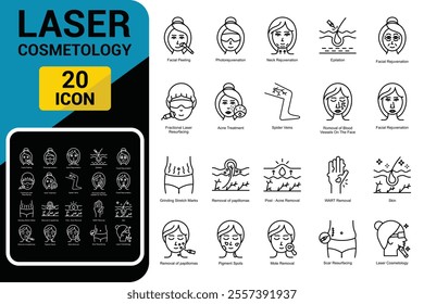 Laser cosmetology icons set vector line, editable stroke, post-acne removal, wart removal, facial peeling, acne treatment, photorejuvenation, skin removal of papillomas, laser cosmetology, epilation 