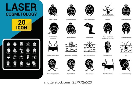 Laser cosmetology icons set vector line, editable stroke, post-acne removal, wart removal, facial peeling, acne treatment, photorejuvenation, skin removal of papillomas, laser cosmetology, epilation 