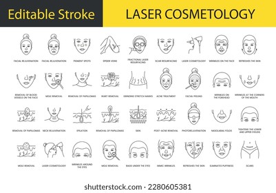 Laser cosmetology line icon set in vector, illustration of facial rejuvenation and pigment spots, spider veins and scar resurfacing, acne treatment and wrinkles on the face, skin. editable stroke.