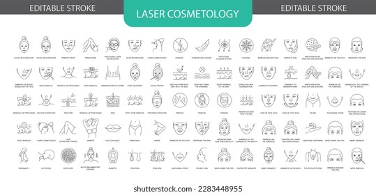 Laser cosmetology line icon set in vector, illustration of grinding stretch marks, fractional laser resurfacing, facial rejuvenation and refreshes the skin, wrinkles on the face. editable stroke.