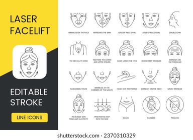 Laser cosmetology set of icons thermolifting line vector, editable stroke, goose feet wrinkles and scars, loss of face oval and bags under the eyes, double chin and nasolabial folds, mimic wrinkles