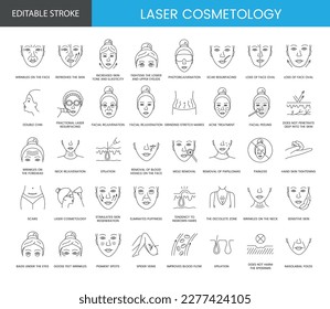 Laser cosmetology set of line icons in vector, editable stroke. Illustration of face and body rejuvenation, removal of moles and scars, wrinkles on the face and the decollete zone, wrinkles forehead - Shutterstock ID 2277424105