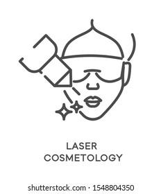 Laser Cosmetology Treatment Icon. Female Face With Eye Mask And Tool In Process. Facial Hair Removal. Skin Rejuvenation Beauty Spa Procedure. Linear Graphic Vector Illustration On White Background.