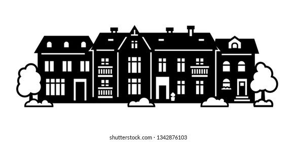 Laser cut of Amsterdam style houses. Silhouette of typical dutch canal view at Netherlands. Stylized facade of old building. Wood carving vector template. Background for banner, christmas vintage card