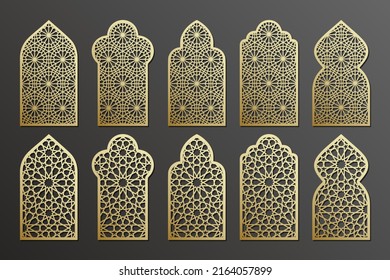 Laser cut arabian grating templates set, window grill with arabesque pattern, vector.