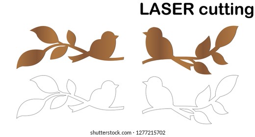 Laser cut of birds on a branch. Modern decorative element for interior. Laser cutting branches with silhouette of birds.