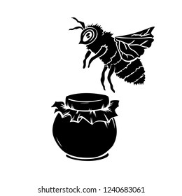 Laser Cut Black Vector Silhouette Of Bee and Glass or Mason Jar. Isolated Template for Cutting and Crafts