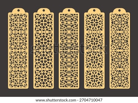 Laser cut bookmark template with craft template geometric patterns, floral mandala cutouts and arabesque lattice designs for CNC or Cricut crafting