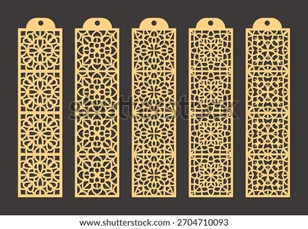 Laser cut bookmark template with neutral background geometric patterns, floral mandala cutouts and arabesque lattice designs for CNC or Cricut crafting