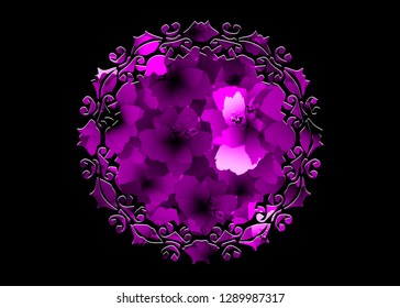 laser cut border Mandala of purple flowers, pink floral pattern with blooming Hibiscus flowers, Botanical print Vintage textile collection background. Floral perfume concept. Black fashion template